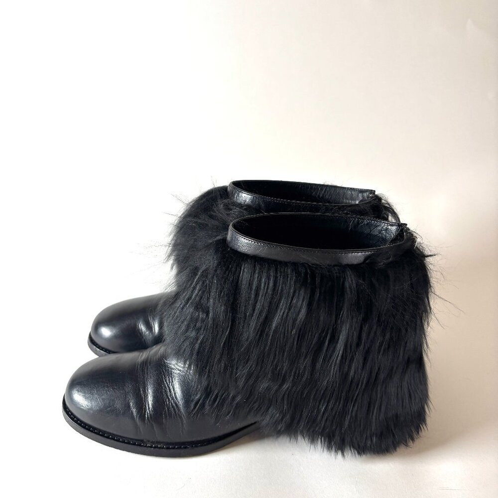 Vintage Chanel Black Faux Fur Trim Leather Ankle Boots | Made in Italy - Picture 1 of 8